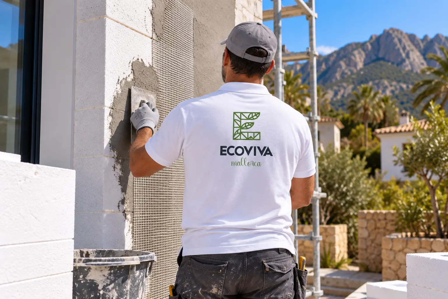 EcoViva installer applying an external insulation system to a Mallorca property