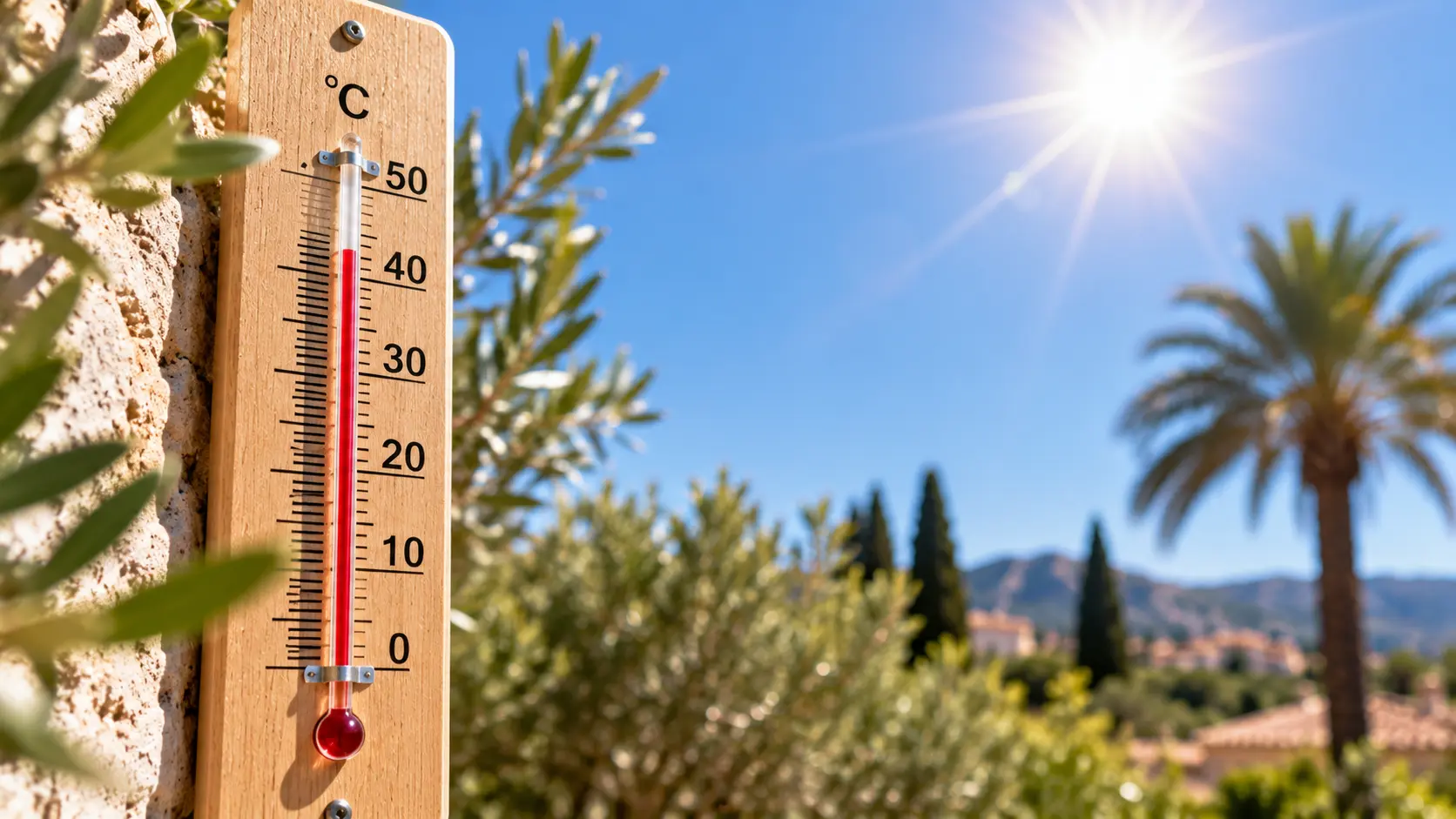 Outdoor thermometer showing extreme summer heat in Mallorca