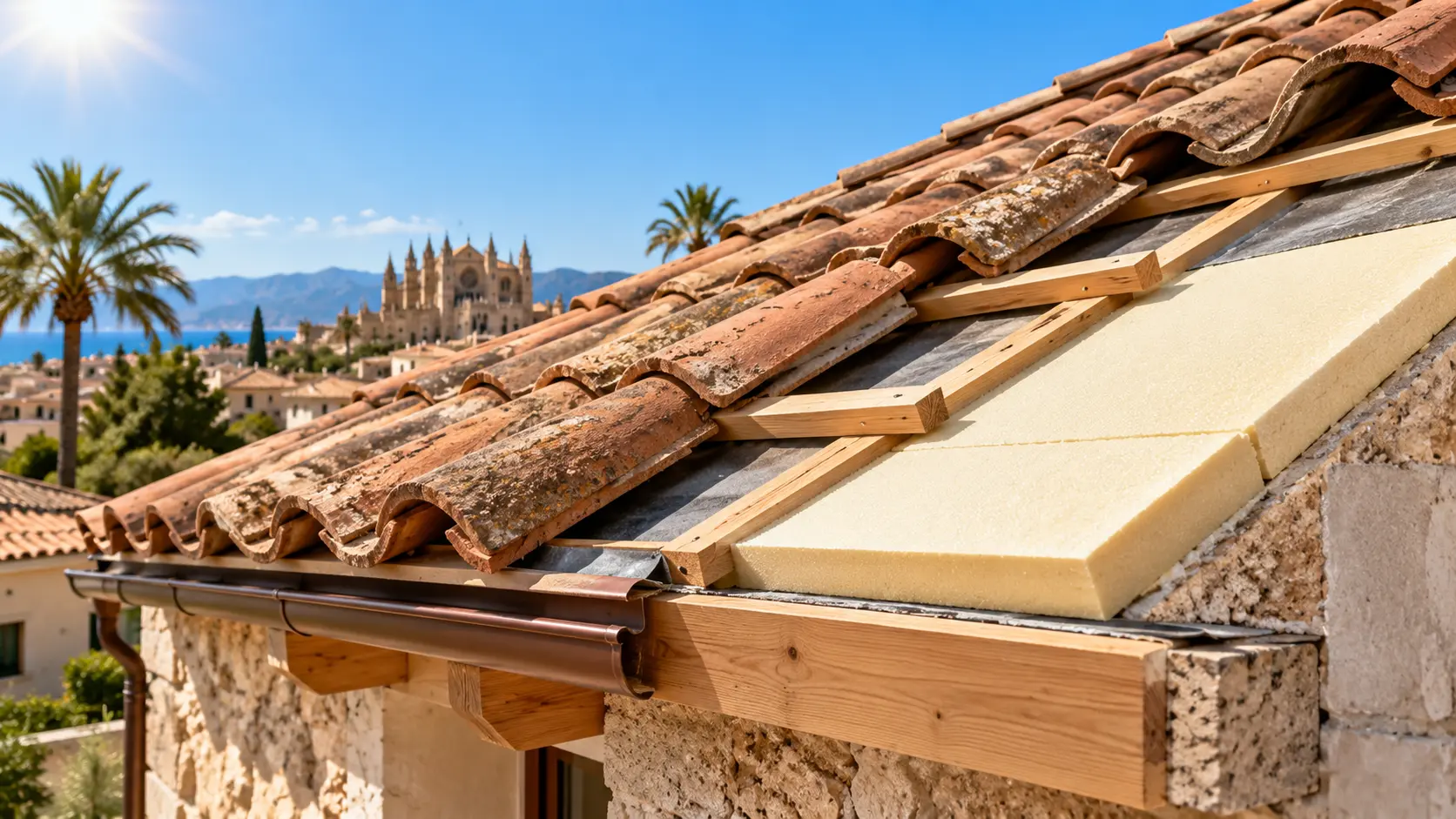 Traditional Mallorcan tiled roof renovation with continuous insulation