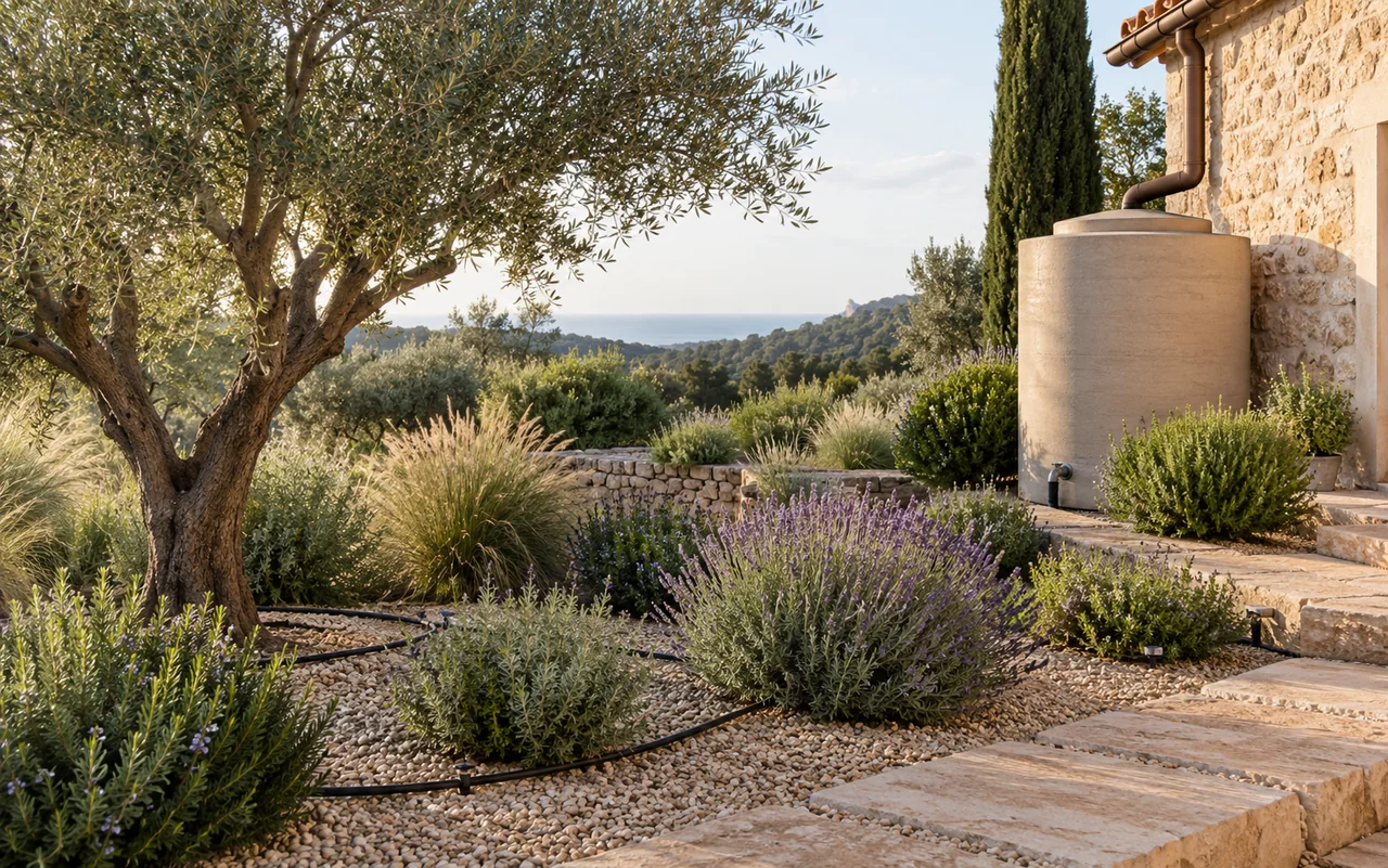 Mediterraner Garten mit Tropfbewässerung und Regenwasserspeicher an einer Immobilie auf Mallorca