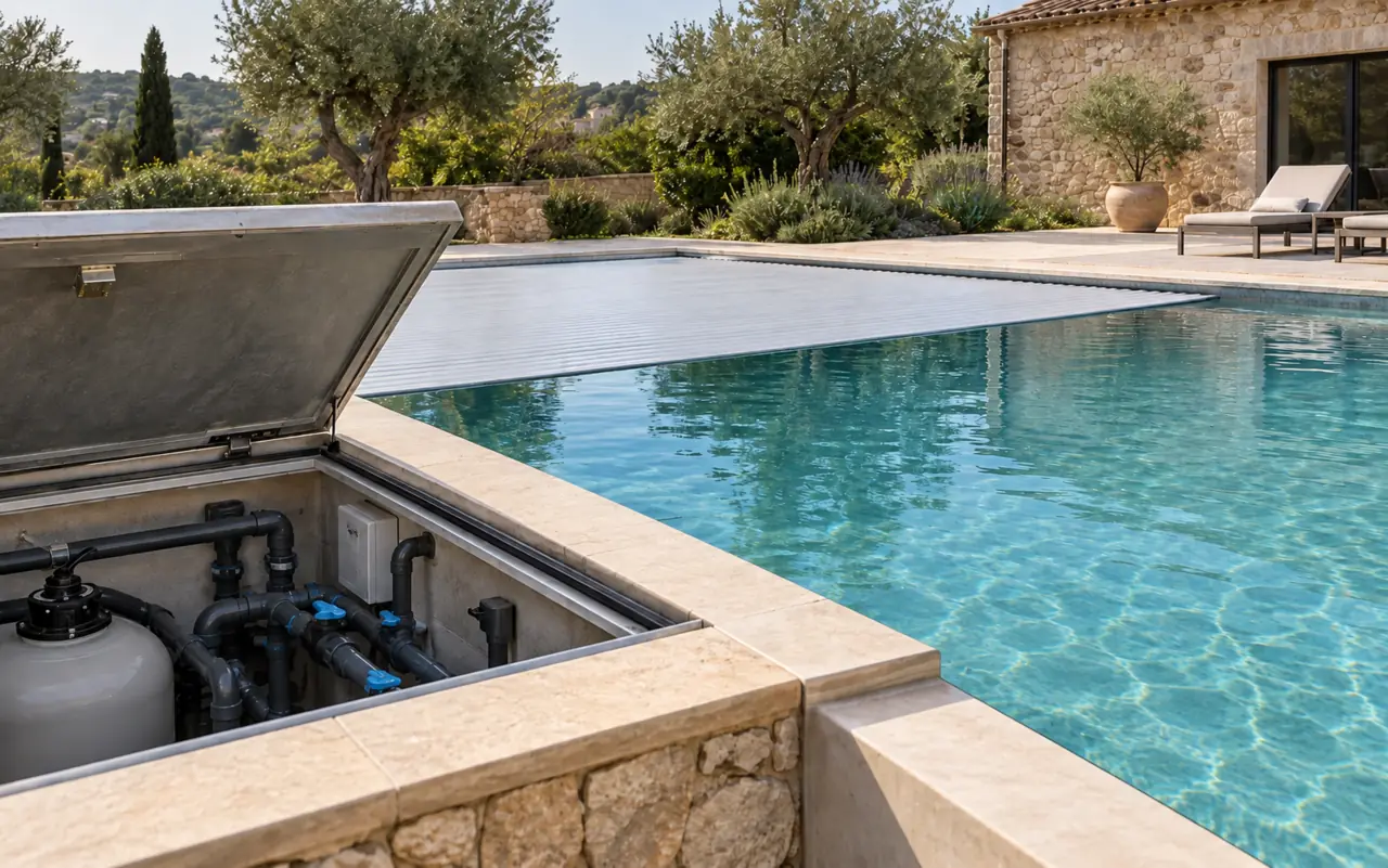 Pool einer Mallorca-Villa mit Abdeckung und zugänglicher Filteranlage